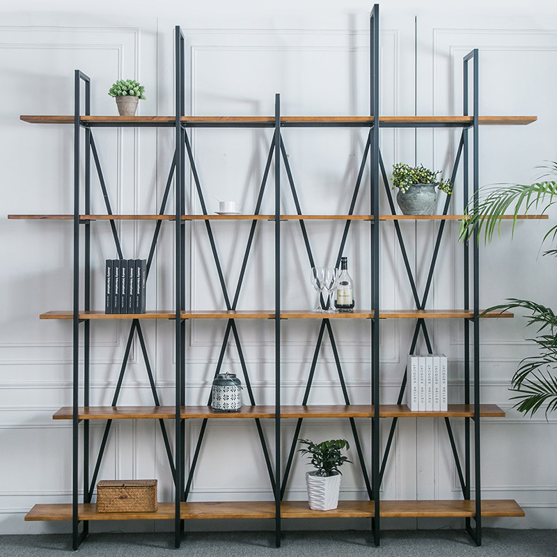 Solid wood wrought iron assembly splicing rack display rack storage shelf screen partition dining cabinet creative retro bookshelf