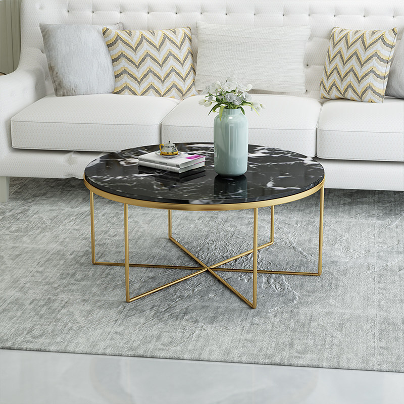 Nordic living room marble coffee table wrought iron round creative tempered glass tea table light luxury modern small apartment side table