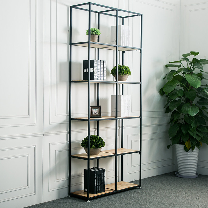 American loft simple floor-to-ceiling bookshelf wrought iron solid wood shelf retro display rack multi-layer partition display cabinet