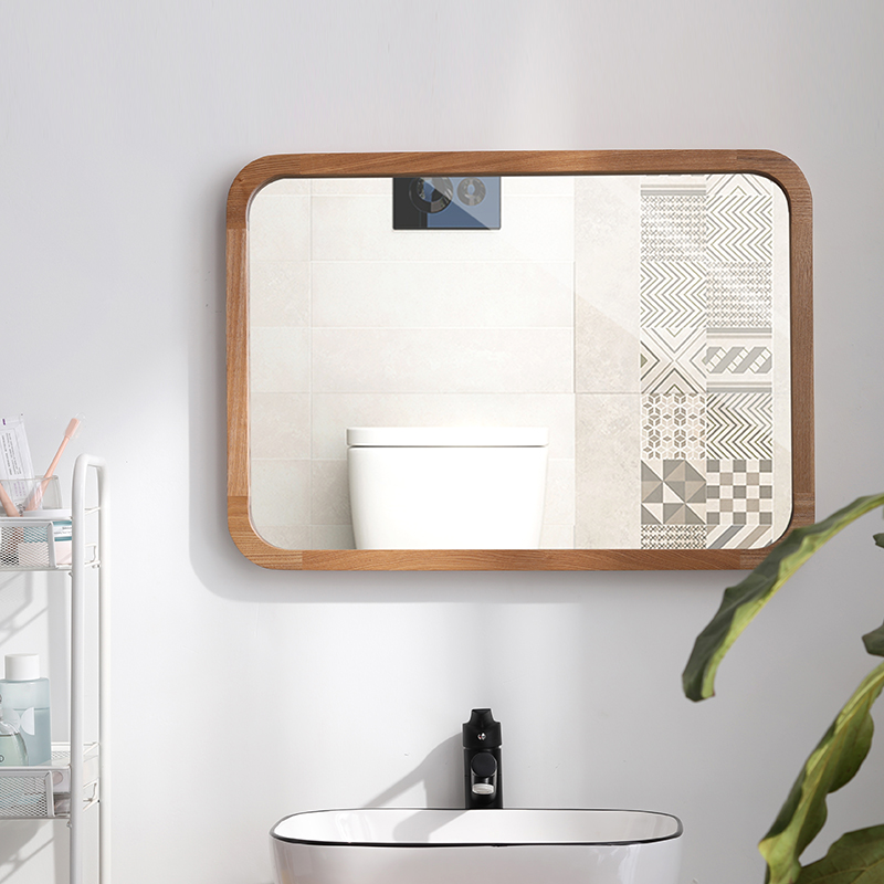 Nordic solid wood frame simple bathroom mirror sticker wall hanging bust mirror toilet vanity waterproof bathroom mirror