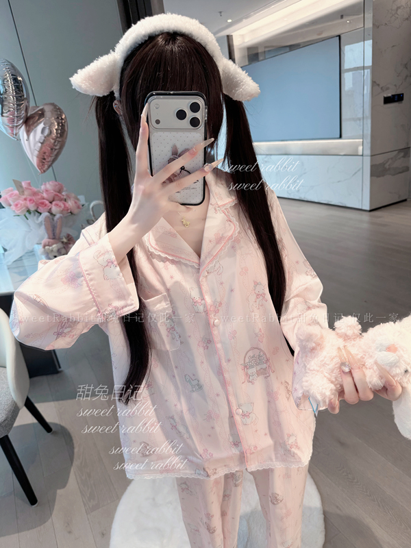 Sweet Rabbit "Cupid Kitten" Lace Cute Pink Gentle Kitten Ice Silk Pajamas Long-Sleeved Long-Pants Loungewear Sweet Rabbit "Cupid Kitten" Lace Cute Pink Gentle Kitten Ice Silk Pajamas Long-Sleeved Long-Pants Loungewear