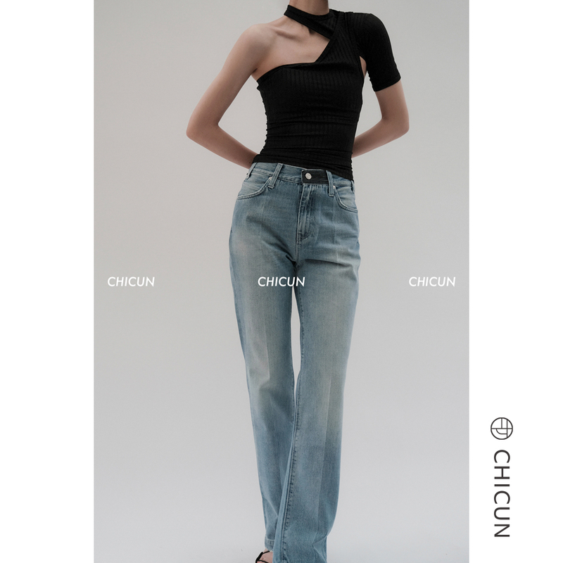 Sale【Chicun】Rta 2022 Early Spring Gaia High-Waisted Straight-Leg Faded Effect Jeans