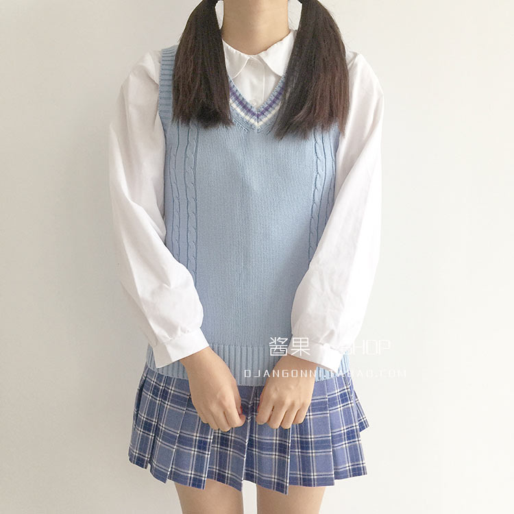Đồng phục JK mùa thu V-cotton cotton áo thun xoắn áo gió Anh vest áo len cổ cao