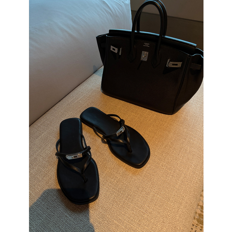Reliable Keep Kapu Vacation Sandals, Calfskin with Sheepskin Lining, Metal Buckle, Thong Toe, Square Toe Flip-Flops for Women