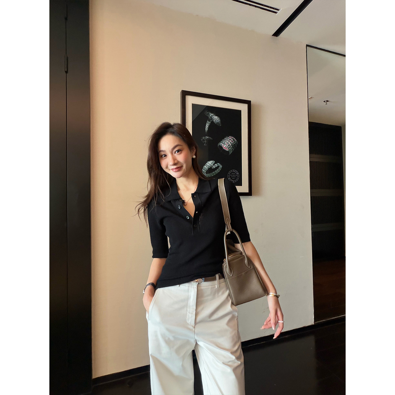 Reliable Keepkapu Classic Work 48-Count Yangzi Yarn/100% Wool Water Ripple Polo Collar Knit Top