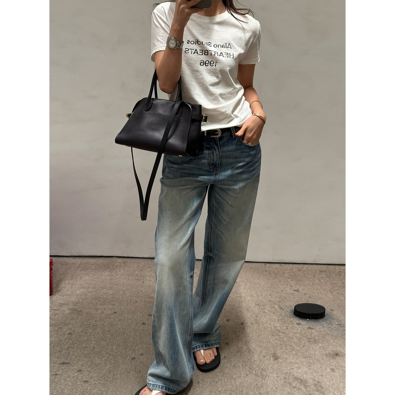 Reliable Keep Kapu Chopstick-Leg 100% Cotton Soft Denim Distressed Washed Blue High-Waisted Everyday Straight-Leg Jeans