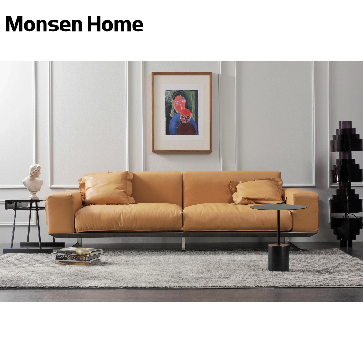 MonsenHome Italian light luxury leather down sofa three-seat camel yellow simple Nordic style designer
