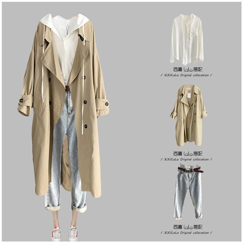 Khaki double-breasted trench coat women's long version 2020 spring and autumn Korean version of loose English style small coat tide