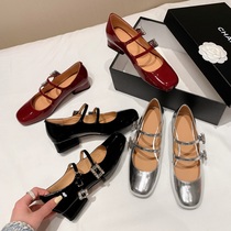 Cuir véritable style français argent Mary Jane chaussures femmes double drainage diamant boucle talon épais chaussures simples bordeaux talons hauts chaussures de mariage