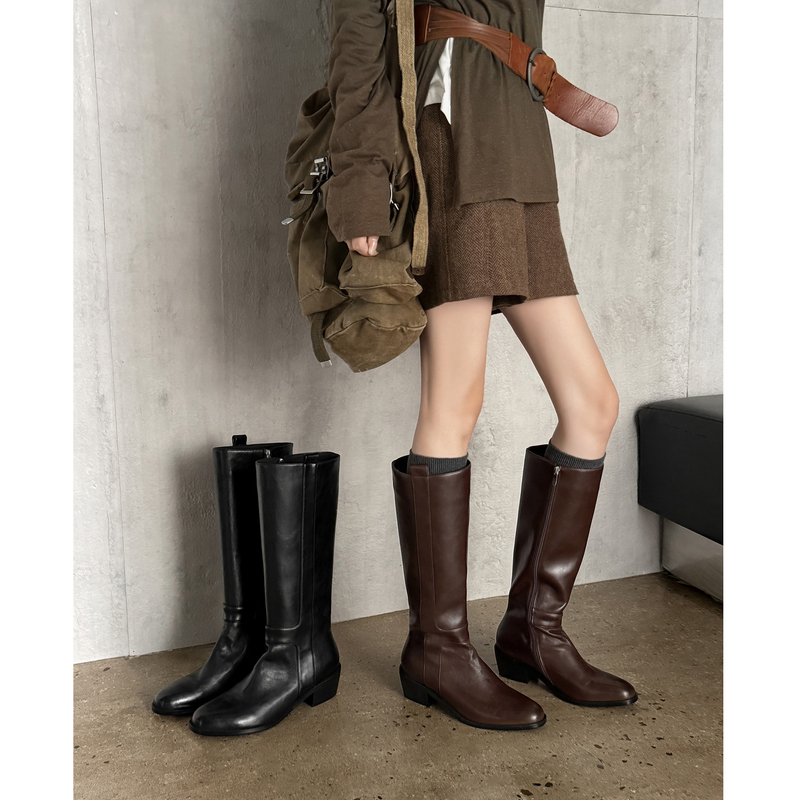Round-Toe Chunky Heel Side Zipper High-Tube Riding Boots for Women 2026 Autumn and Winter New Style Full Cowhide Versatile High-Heeled Long Boots
