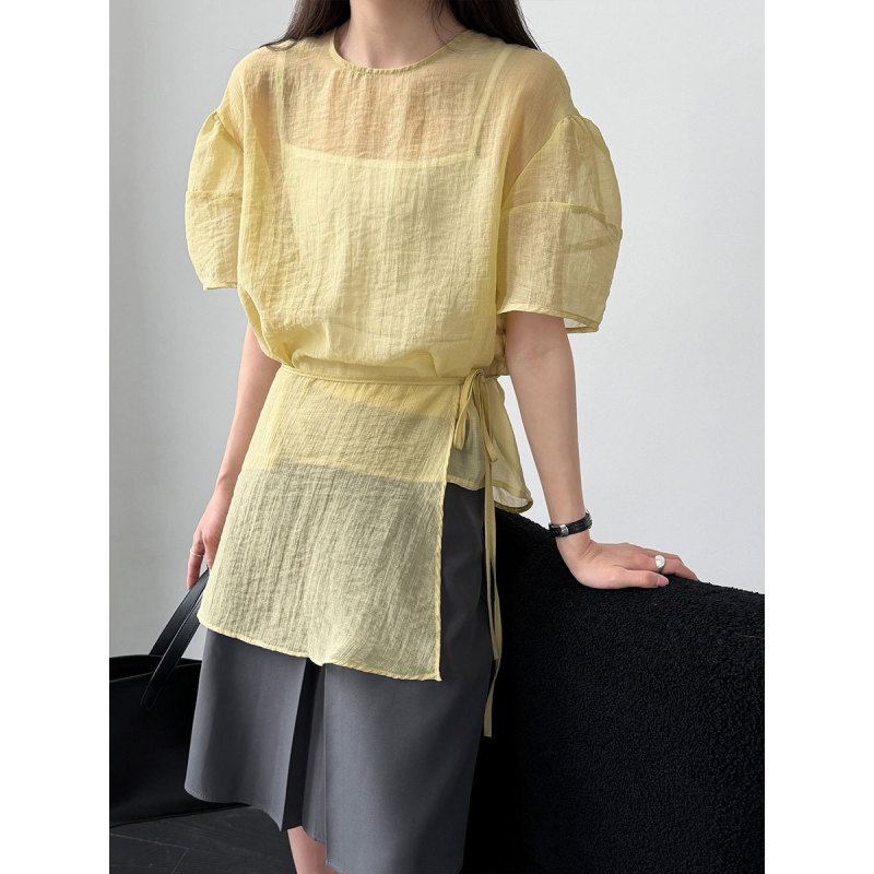 Alice Korean-Style Lazy Suit with Textured Puff Sleeves, Round-Neck Shirt, Tie-Up Skirt, Two-Piece Set, Simple Style