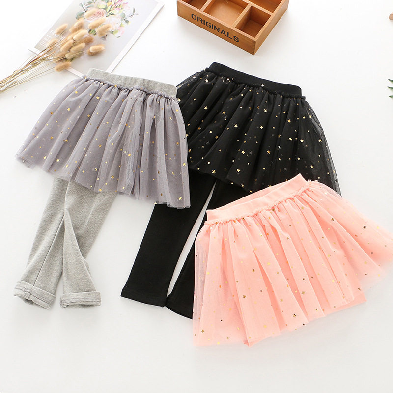 Girls star culottes cotton spring and autumn style Korean version of the Western style fluffy gauze skirt fake two pieces of children's baby outer wear pants