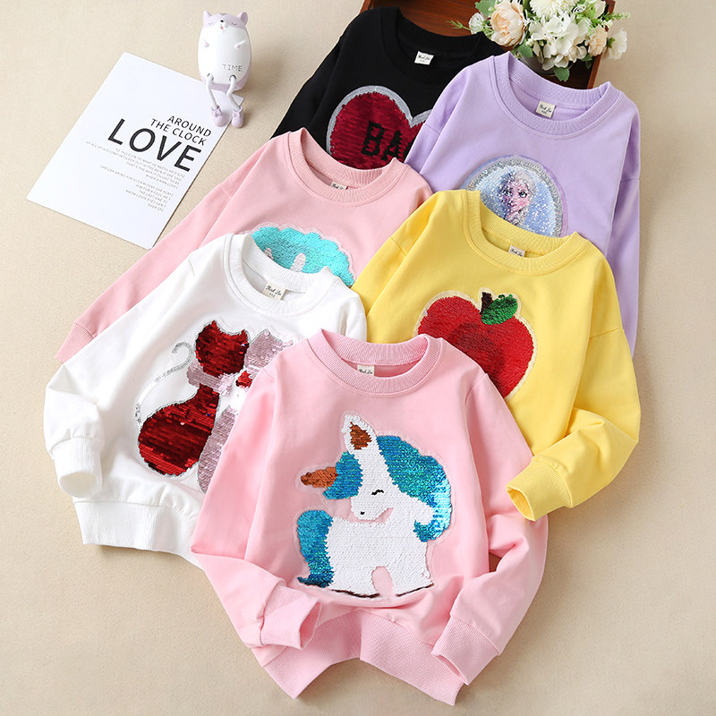 2022 girls autumn thick T-shirt boys baby cotton color changing sequins t-shirt children spring and autumn cartoon top