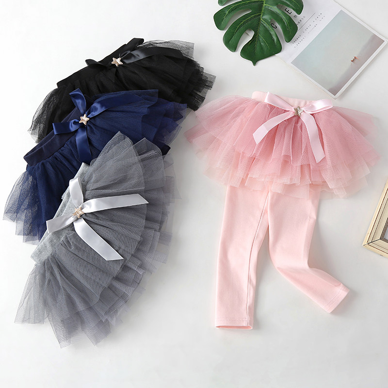 2022 spring Korean version of the new girl's hakama fashion fluffy mesh bow outer wear pants baby leggings