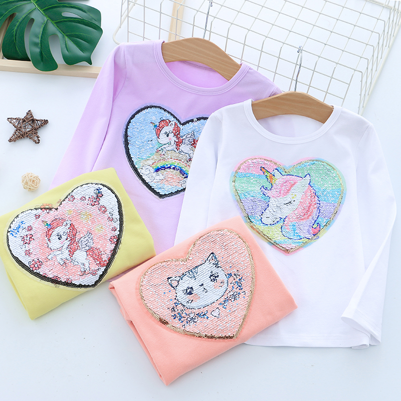 Girl sequin dài tay Ed-shirt rung lên với cùng phim hoạt hình nước ngoài khí T-shirt bé mùa xuân và mùa thu bông đầu mỏng.