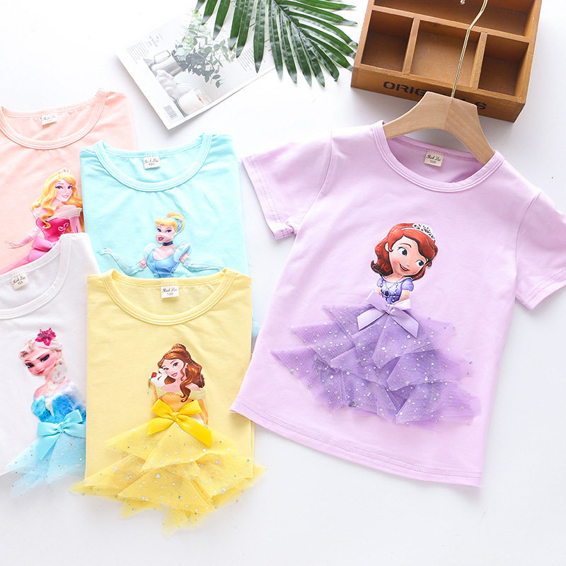 Girl Princess Short Sleeve T-shirt Ice Chic Edge 2023 New Ocean Gas Summer Pure Cotton Blouse Children Baby Clothes-Taobao