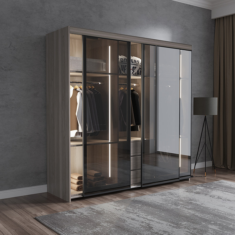 Nordic Modern Minimalist Wardrobe Bedroom Assembly Ramen Tempered Glass Door Wardrobe Moving Door Storage Large Closet