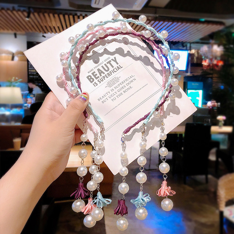 Korean super fairy back hanging hairband women's wild pearl headband out of simple false earrings hair bundle sweet headdress products