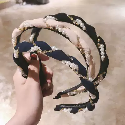 Korean simple hair hoop women go out net Red pressure hair pearl hair band cute take-out temperament Super fairy hair accessories