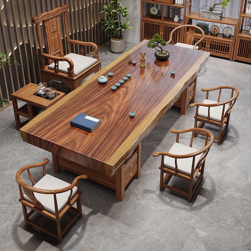 Walnut Large Solid Wood Tea Table and Chair Set, Office Kung Fu Tea Table, New Chinese Style Flat Tea Table, Tea Table for Brewing Tea Walnut Large Solid Wood Tea Table and Chair Set, Office Kung Fu Tea Table, New Chinese Style Flat Tea Table, Tea Table for Brewing Tea