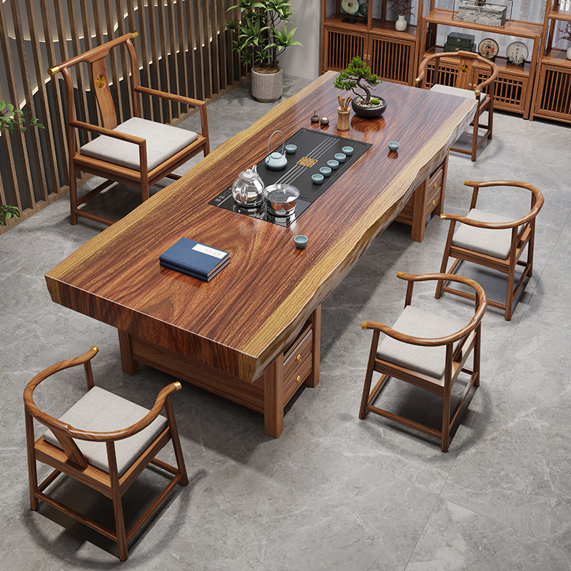 Walnut Wood Craft Large Solid Wood Tea Table and Chair Set Office Tea Table New Chinese Style Flat Tea Table Tea Table Walnut Wood Craft Large Solid Wood Tea Table and Chair Set Office Tea Table New Chinese Style Flat Tea Table Tea Table