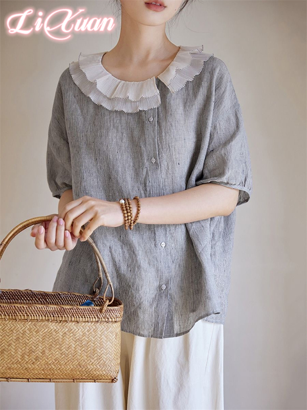 2026 New Unique and Beautiful Women's Striped Linen Shirt with Lace Trim, Peter Pan Collar, Summer Age-Reducing Blouse