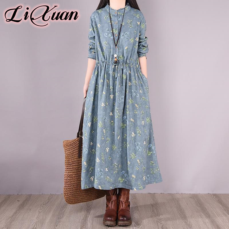 Artistic Retro Cotton and Linen Floral Dress for Women, New Loose-Fitting Waist-Cinching Slimming Long Skirt with a Large Hem for Spring and Autumn