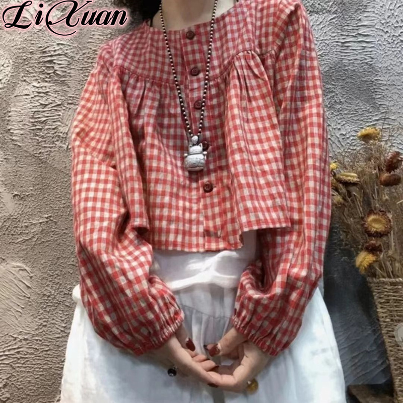 Autumn New Loose Slimming Retro Round Neck Plaid Shirt Artistic Retro Simple Lantern Sleeve Long Sleeve Women's Top