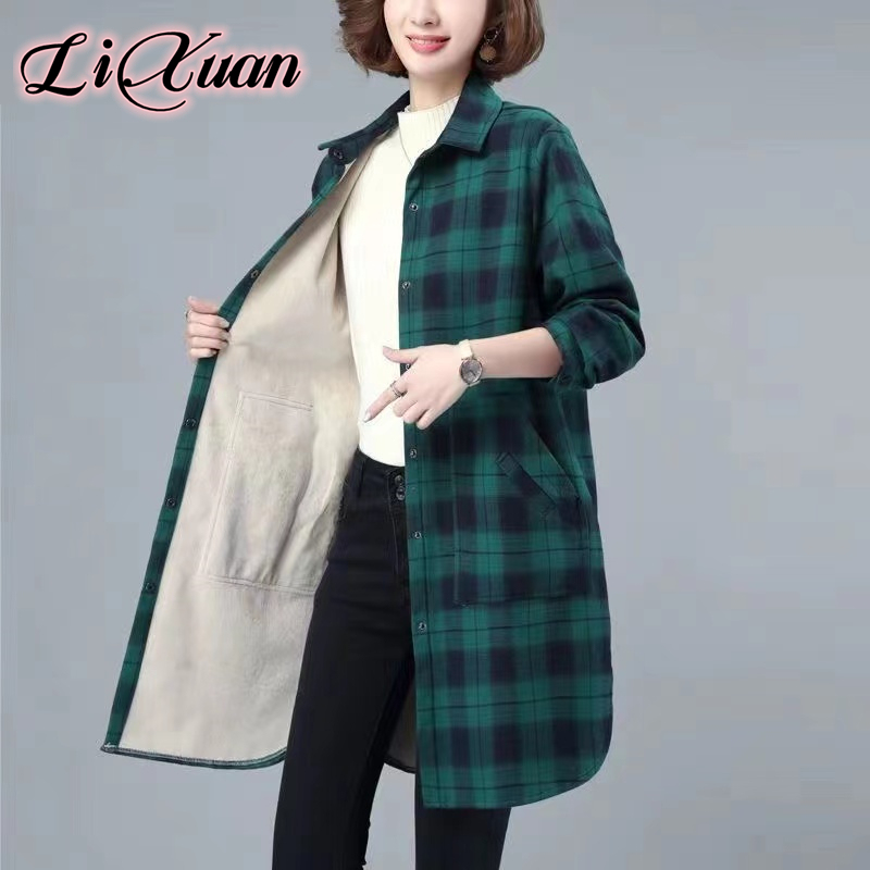 New Autumn and Winter Fleece-Lined Plaid Shirt for Women, Mid-Length Korean Style Loose-Fitting Casual Warm Jacket for Moms, Trendy