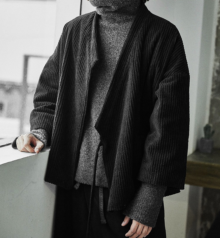 Japanese Corduroy Cardigan Retro Jacket Eight-Quarter Sleeves Loose Hanfu Men's Kimono Autumn and Winter Solid Color Trendy