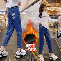 Girls plus velvet pants Spring and Autumn wear foreign atmosphere big childrens trousers thickened winter childrens clothing one-piece pair of velvet jeans