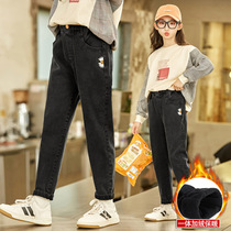 Girls plus velvet pants winter 2021 new foreign style in the big Children Fashion Spring and Autumn childrens one-piece jeans