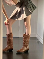 Западные Boots 春夏秋冬羊皮复古西部牛仔靴女靴子粗跟尖头骑士靴长筒靴真皮