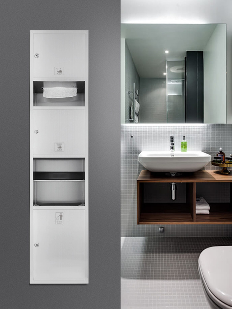 Hotel stainless steel three-in-one toilet paper box trash can Embedded wall toilet paper box Removable toilet paper rack concealed tissue box