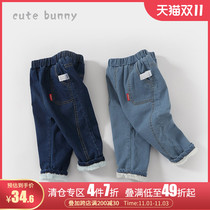 cutebunny boys and girls winter New Baby plus velvet pants baby thick warm denim long pants