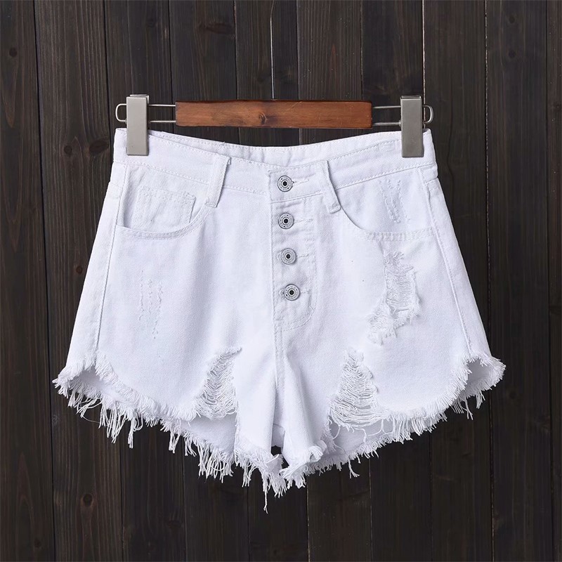 quần short denim lớn quần nóng chân quần jean lỗ denim quần short nữ tăng chất béo mùa hè devened chất béo mm rìa tóc