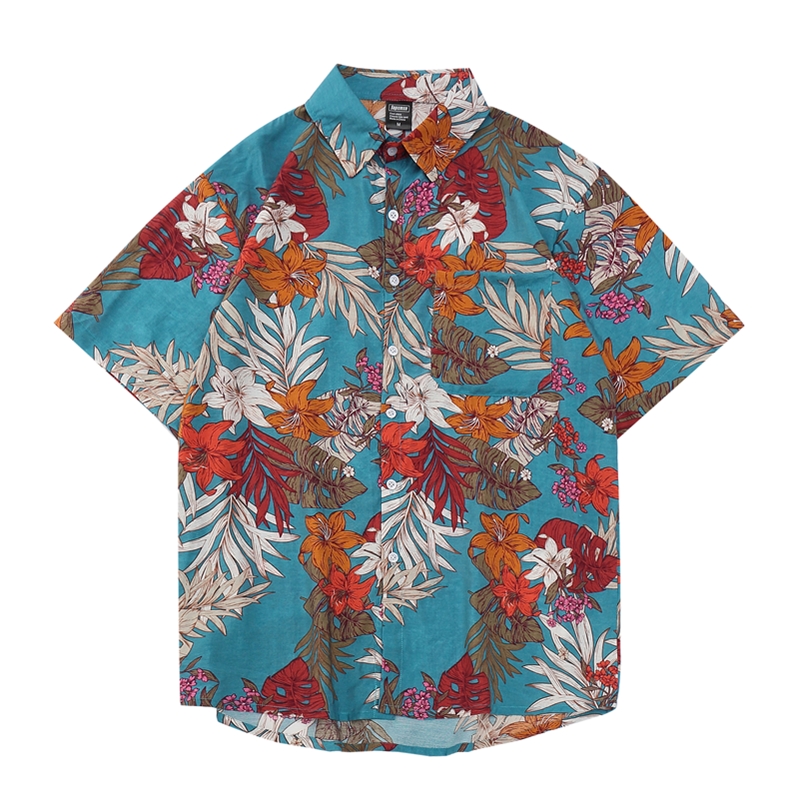 Hawaii áo hoa nam retro cổng hương vị giản dị cảng lỏng kỳ nghỉ bãi biển gió vài nghiền nát hoa ngắn tay áo triều