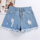 (Giật) Mùa hè trắng quần short denim phụ nữ eo cao khóa lỏng lẻo lỗ viền chân rộng đàn hồi ity mỏng L.