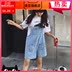 2020 mùa hè mới của Hàn Quốc phiên bản của túi lớn lỏng quần short dây đeo denim Schoolgirl eo cao jumpsuit rộng chân triều 