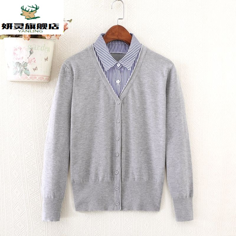 cardigan áo cổ áo giả hai mảnh kích thước đầu mùa xuân phụ nữ dệt kim của bên ngoài điều hòa không khí len áo len áo khoác mỏng