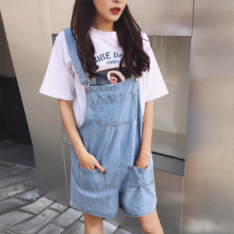 2020 mùa hè mới của Hàn Quốc phiên bản của túi lớn lỏng quần short dây đeo denim Schoolgirl eo cao jumpsuit rộng chân triều