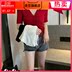 Topgirl mùa hè mỏng đùi áo thun cổ chữ V sắc nét buttoned-up chiếc váy ngắn với quần short denim rộng chân 