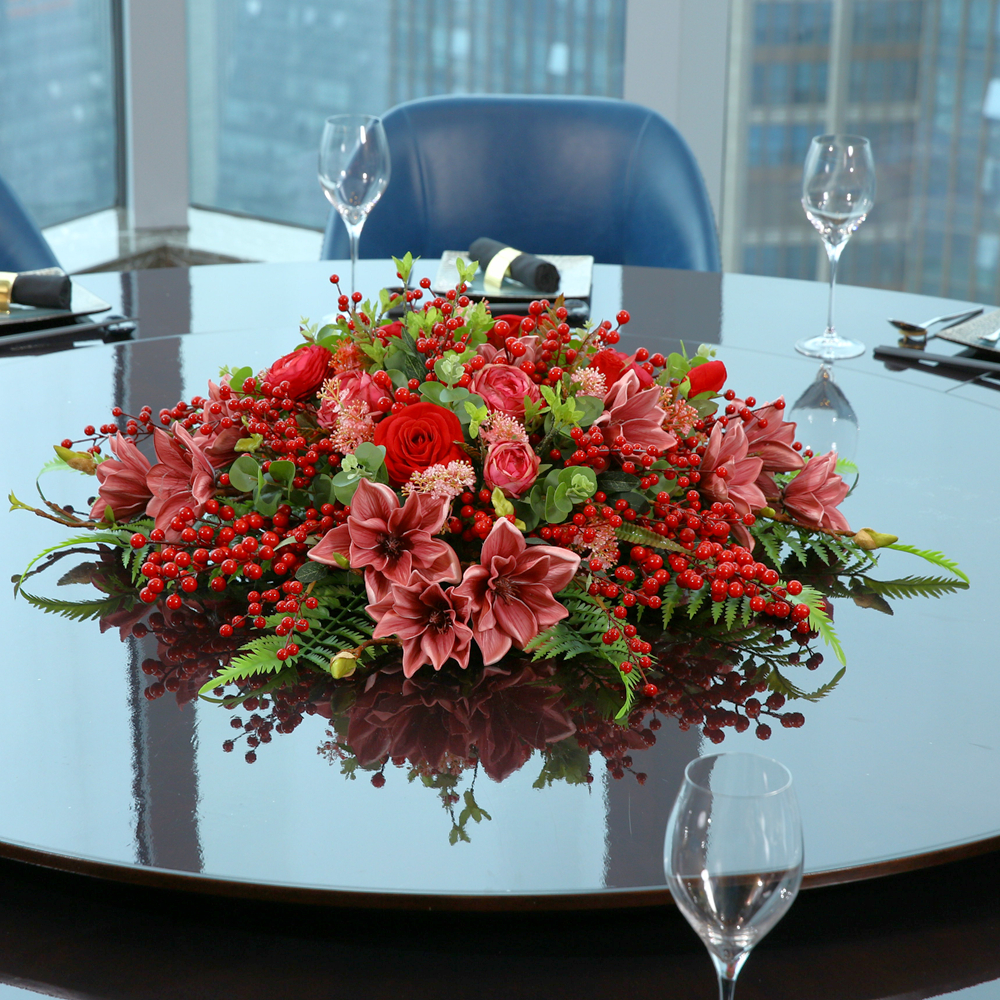Hotel new Chinese dining table flower big round table turntable center decoration high-end dining room Spring Festival simulation flower decoration flower