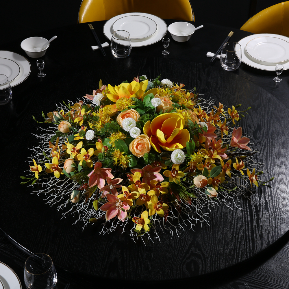 High-end hotel table flower decoration dining room large round table turntable center flower conference table simulation flower decoration fake flower
