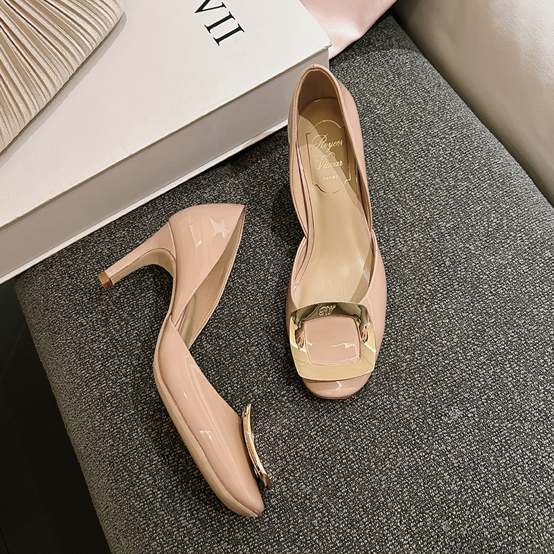 Ballet-Style High-Heeled Sandals with Thin Heels, Hollow Square Buckle, Single Shoes for Women, Birthday Party, Nude Pink