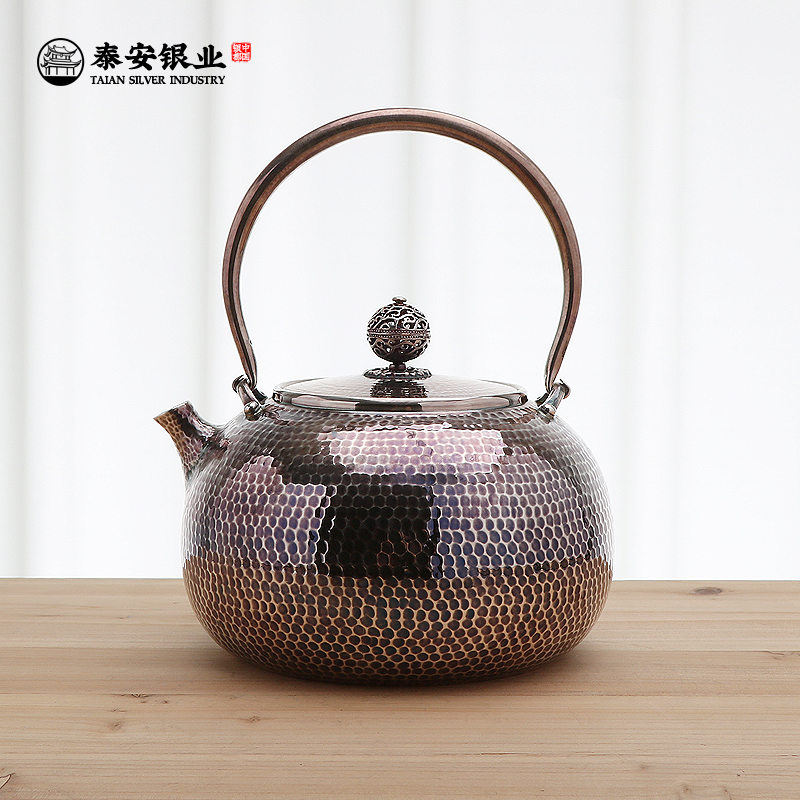 Taian Silver Industry Pure Silver Burning Kettle 999 Handmade Purple Leather Hammer Tattoo Teapot Day Style A fight to make a bright old face