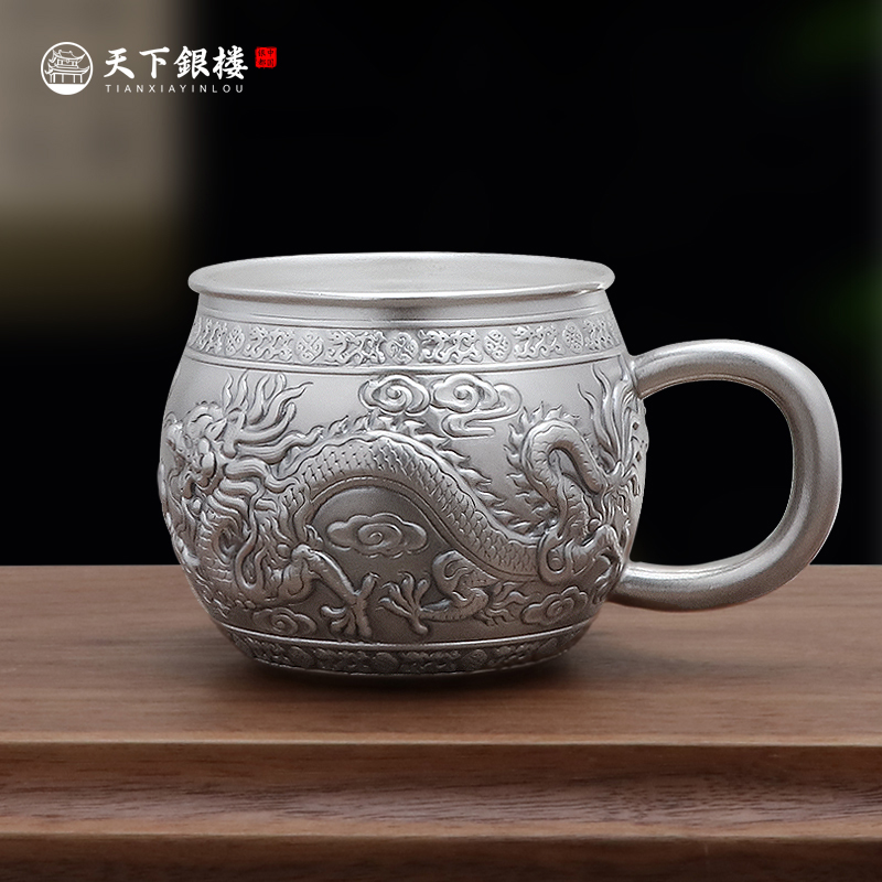 Taian Silver Industry Pure Silver 999 Mark Cup Hammer Grain Coffee Large Capacity Tea Cylinder Cup Kongfu Tea Furniture