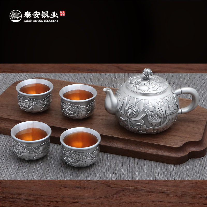 Tai'an Silver Industry Tea Pure Silver 999 Kung Fu Tea Furniture Set Group Pure Handmade Chinese Tea Road Home Pure Silver Teapot