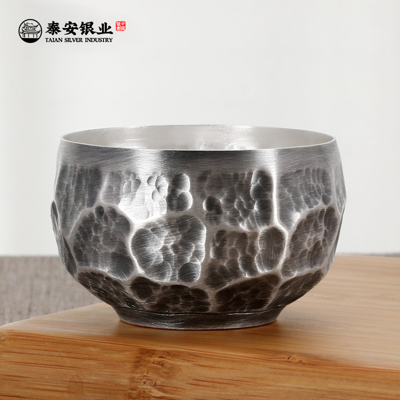 Tai'an Silver Industry Pure Silver 999 Silver Cup Stone Veins Pure Handmade Tea Cup Office Kung Fu Tea Set Group Sending Gifts