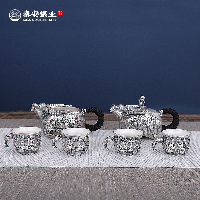 Tai'an Silver Industry Pure Silver 999 Silver Pot Pure Handmade Boy Riding Bull Tea Set Office Suit Bubble Teapot Kongfu Tea